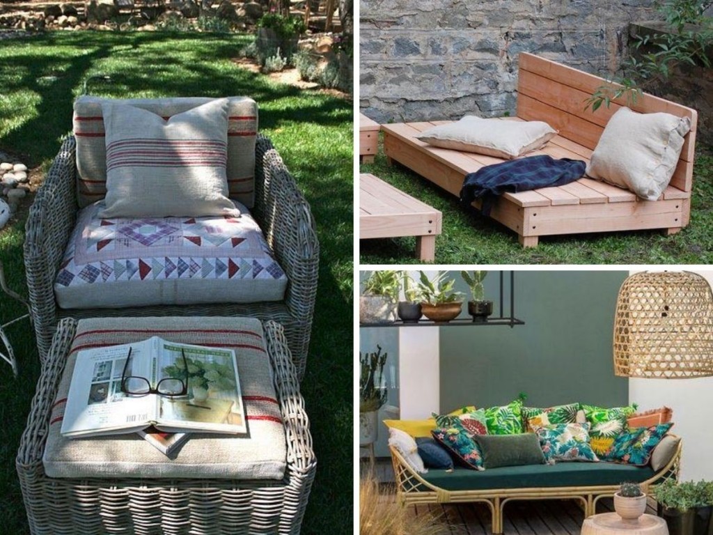 scaun si banca pentru zona de lectura exterioara