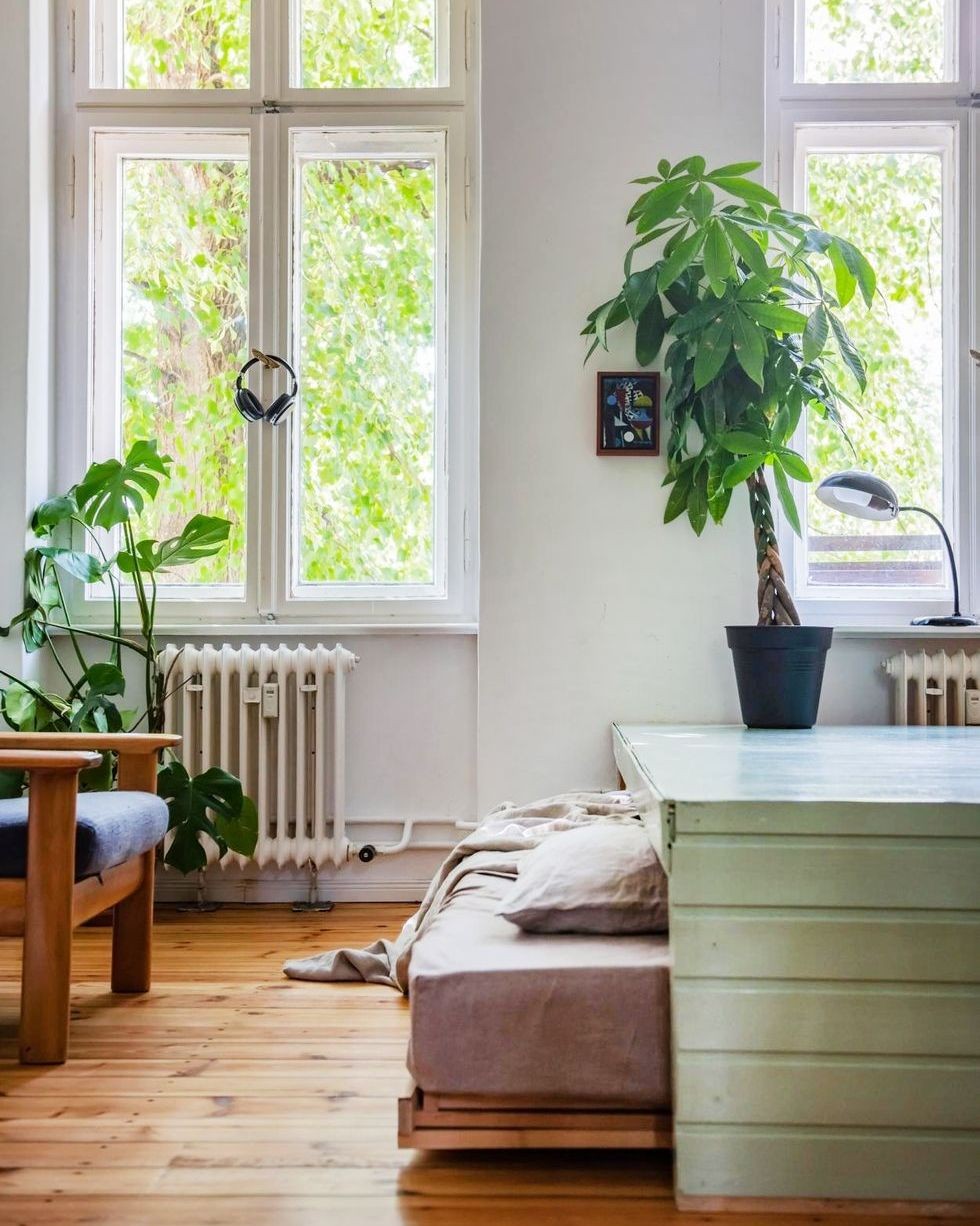 un pat glisant este ascuns sub o piesa de mobilier, o idee buna pentru un tampon de burlac