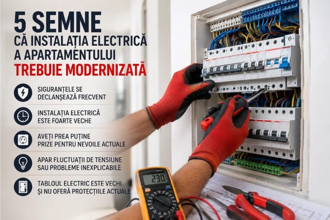 Electrician verifică un tablou electric într-un apartament care necesită modernizarea instalației electrice