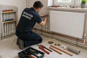 Instalație termică modernizată într-un apartament din București, cu calorifere noi și conducte înlocuite pentru eficiență sporită